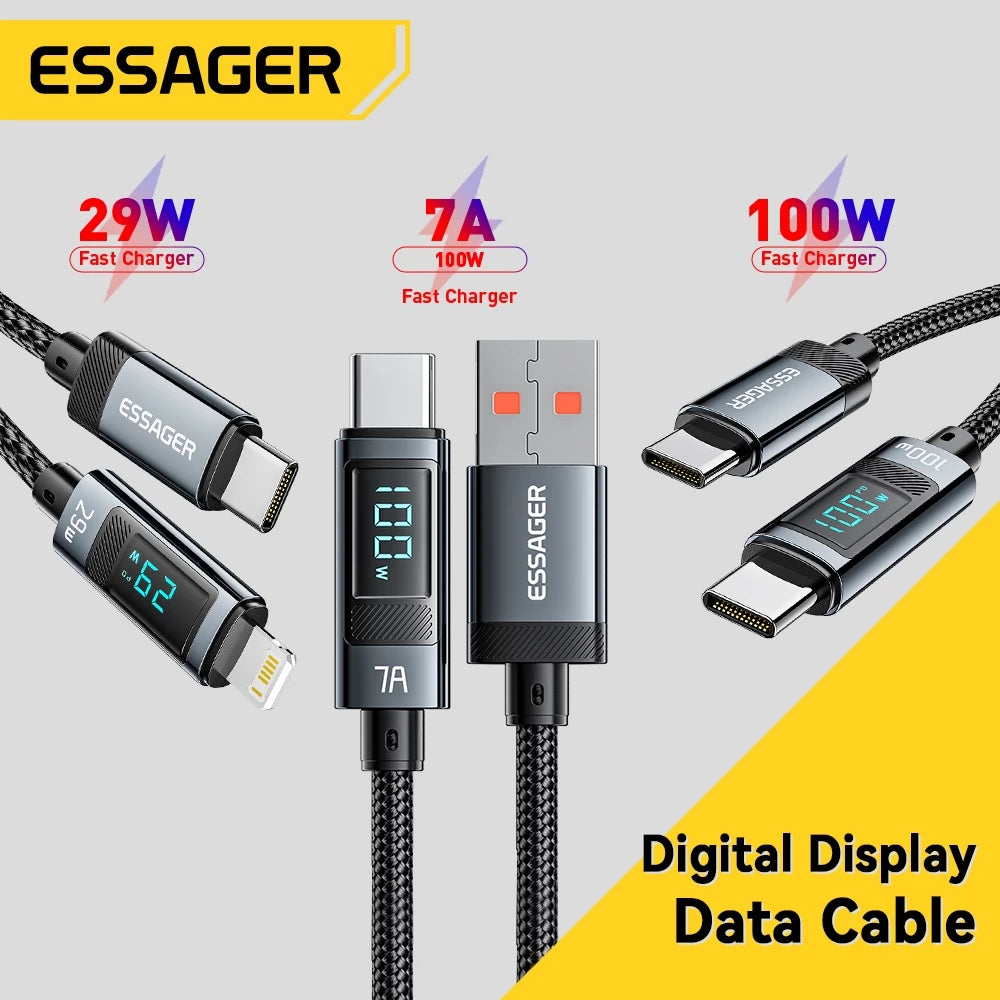 Кабель Essager USB на Type C для быстрой зарядки и передачи данных, с цифровым дисплеем тока/мощности, полностью совместимый макс. 100 Вт