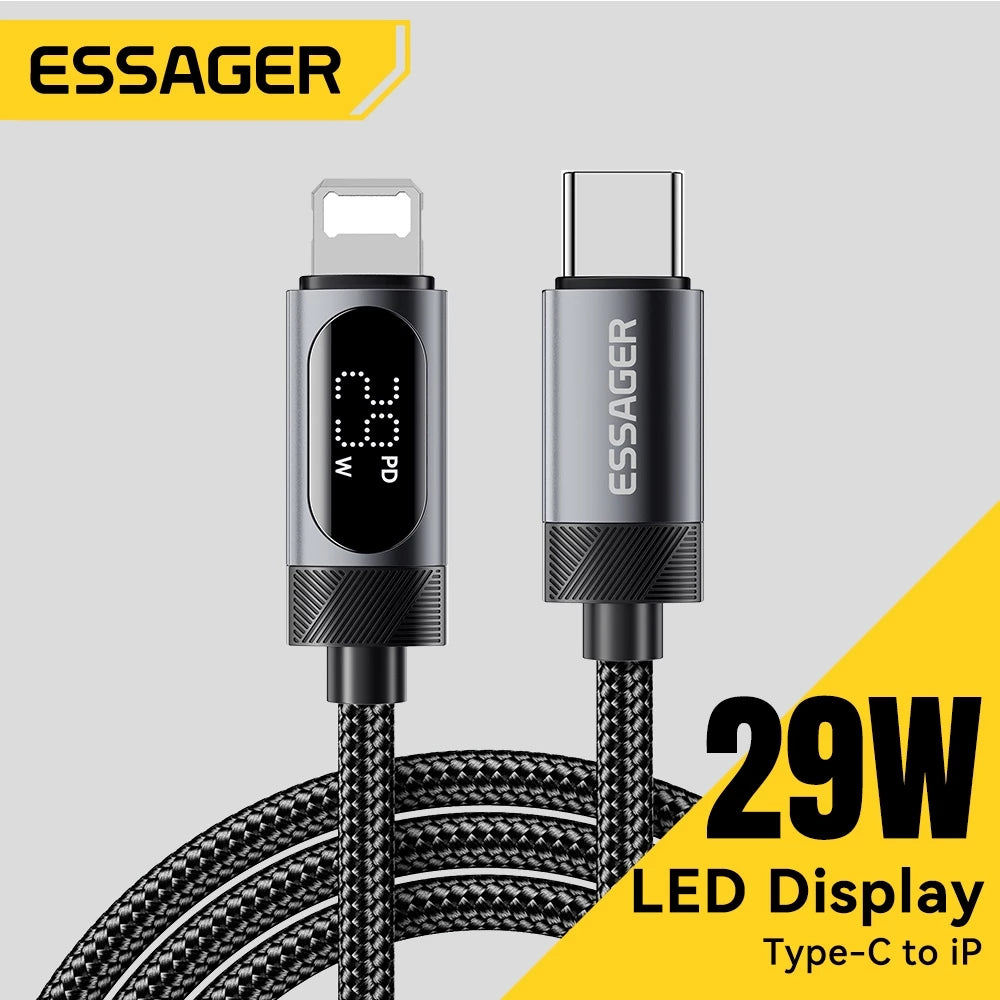 Кабель Essager  Type C на Lightning для быстрой зарядки и передачи данных, с цифровым дисплеем тока/мощности, полностью совместимый 30 Вт.