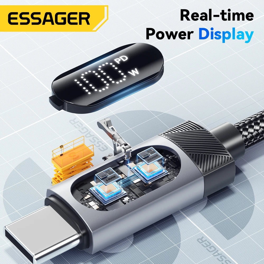 Кабель Essager USB на Type C для быстрой зарядки и передачи данных, с цифровым дисплеем тока/мощности, полностью совместимый макс. 100 Вт