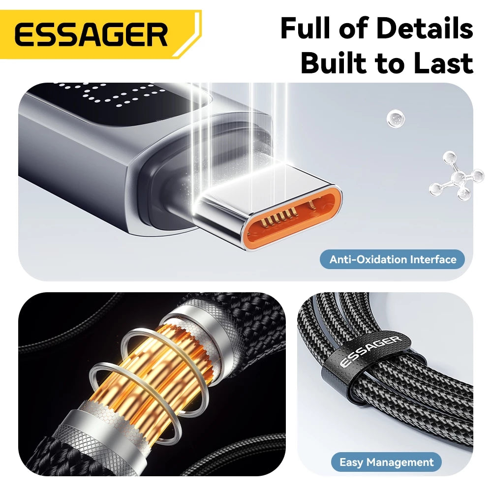 Кабель Essager USB на Type C для быстрой зарядки и передачи данных, с цифровым дисплеем тока/мощности, полностью совместимый макс. 100 Вт