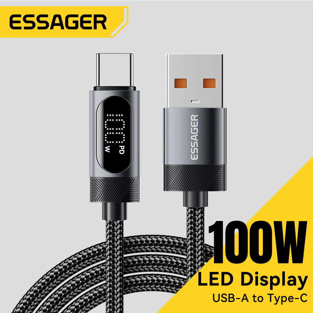 Кабель Essager USB на Type C для быстрой зарядки и передачи данных, с цифровым дисплеем тока/мощности, полностью совместимый макс. 100 Вт