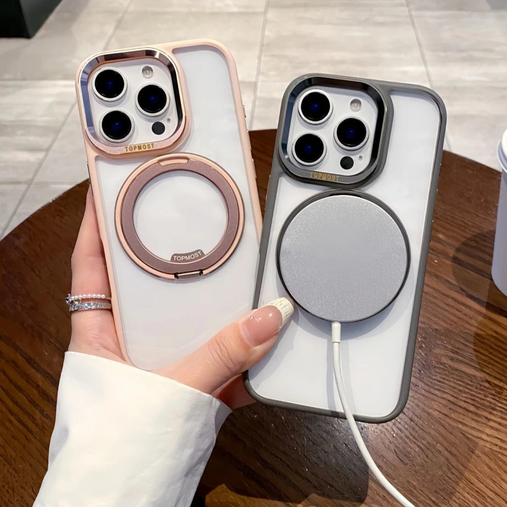 Элегантный металлический магнитный чехол с поворотной подставкой 360° и прозрачным жёстким корпусом — для iPhone 16, 15, 14, 13 Pro Max, 16 Plus. Ударопрочная защита с магнитной фиксацией.