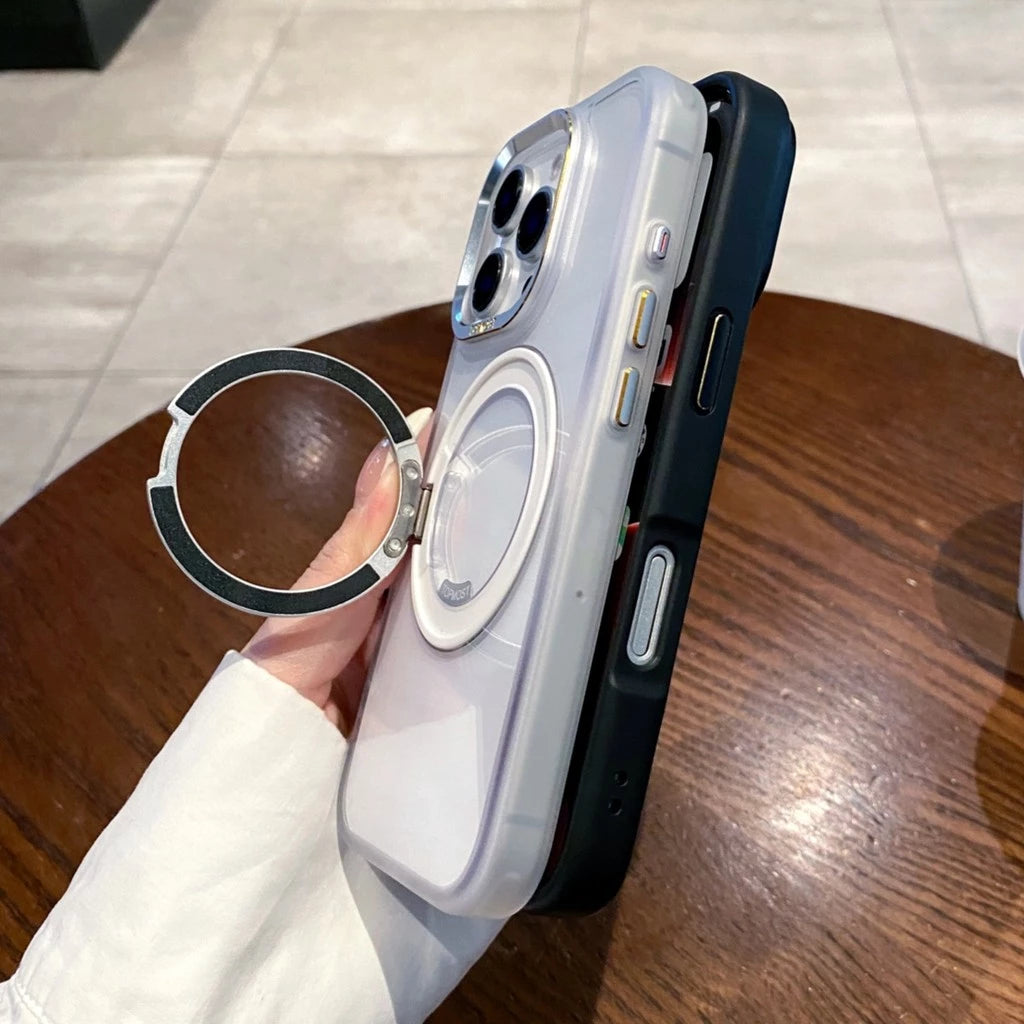 Элегантный металлический магнитный чехол с поворотной подставкой 360° и прозрачным жёстким корпусом — для iPhone 16, 15, 14, 13 Pro Max, 16 Plus. Ударопрочная защита с магнитной фиксацией.