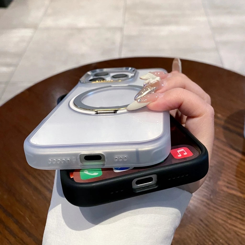 Элегантный металлический магнитный чехол с поворотной подставкой 360° и прозрачным жёстким корпусом — для iPhone 16, 15, 14, 13 Pro Max, 16 Plus. Ударопрочная защита с магнитной фиксацией.