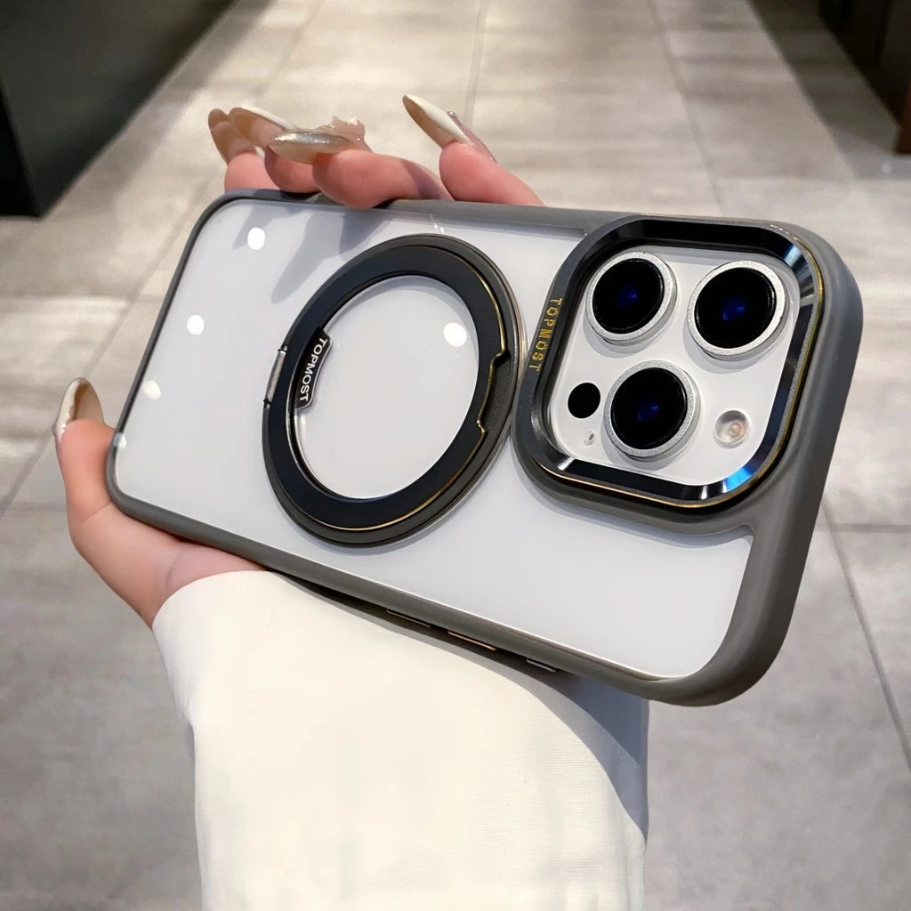 Элегантный металлический магнитный чехол с поворотной подставкой 360° и прозрачным жёстким корпусом — для iPhone 16, 15, 14, 13 Pro Max, 16 Plus. Ударопрочная защита с магнитной фиксацией.