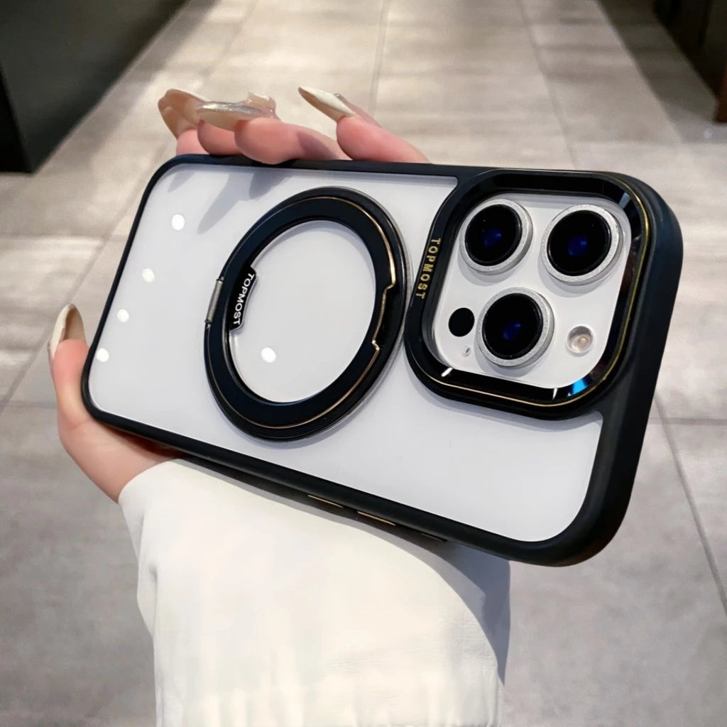 Элегантный металлический магнитный чехол с поворотной подставкой 360° и прозрачным жёстким корпусом — для iPhone 16, 15, 14, 13 Pro Max, 16 Plus. Ударопрочная защита с магнитной фиксацией.