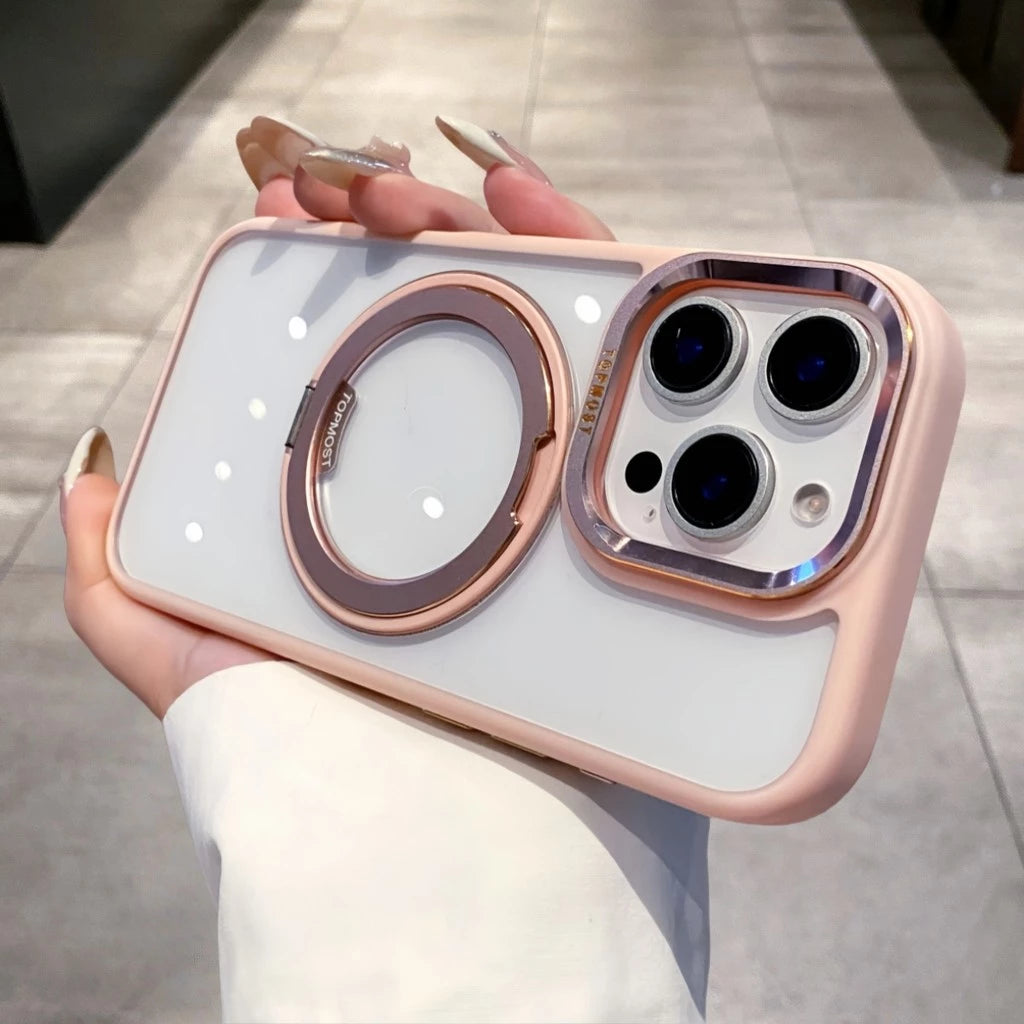 Элегантный металлический магнитный чехол с поворотной подставкой 360° и прозрачным жёстким корпусом — для iPhone 16, 15, 14, 13 Pro Max, 16 Plus. Ударопрочная защита с магнитной фиксацией.