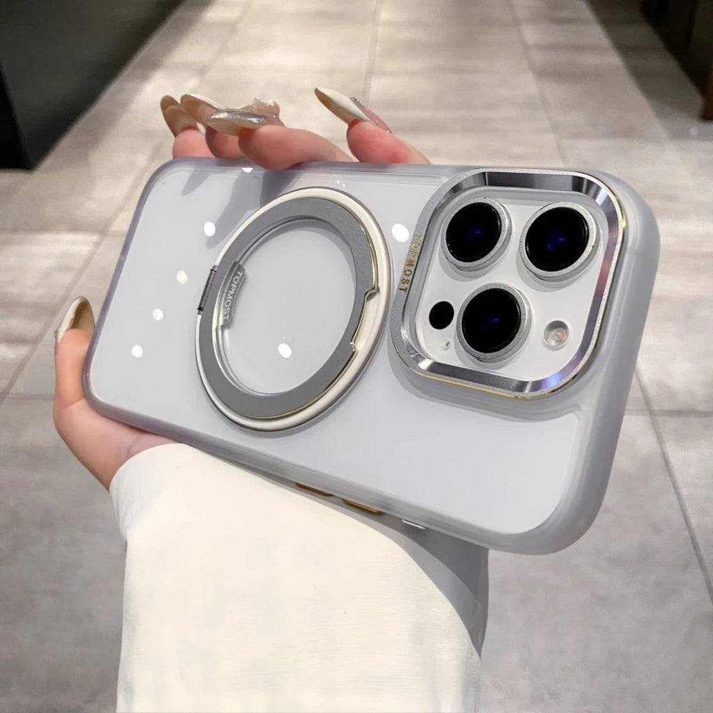 Элегантный металлический магнитный чехол с поворотной подставкой 360° и прозрачным жёстким корпусом — для iPhone 16, 15, 14, 13 Pro Max, 16 Plus. Ударопрочная защита с магнитной фиксацией.