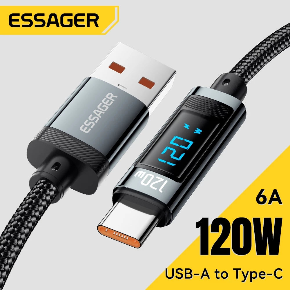 Кабель ESSAGER для быстрой зарядки (120 Вт, 6А, A-C) и передачи данных (USB 2.0, 480 Мбит/с), с цифровым дисплеем и корпусом из алюминиевого сплава