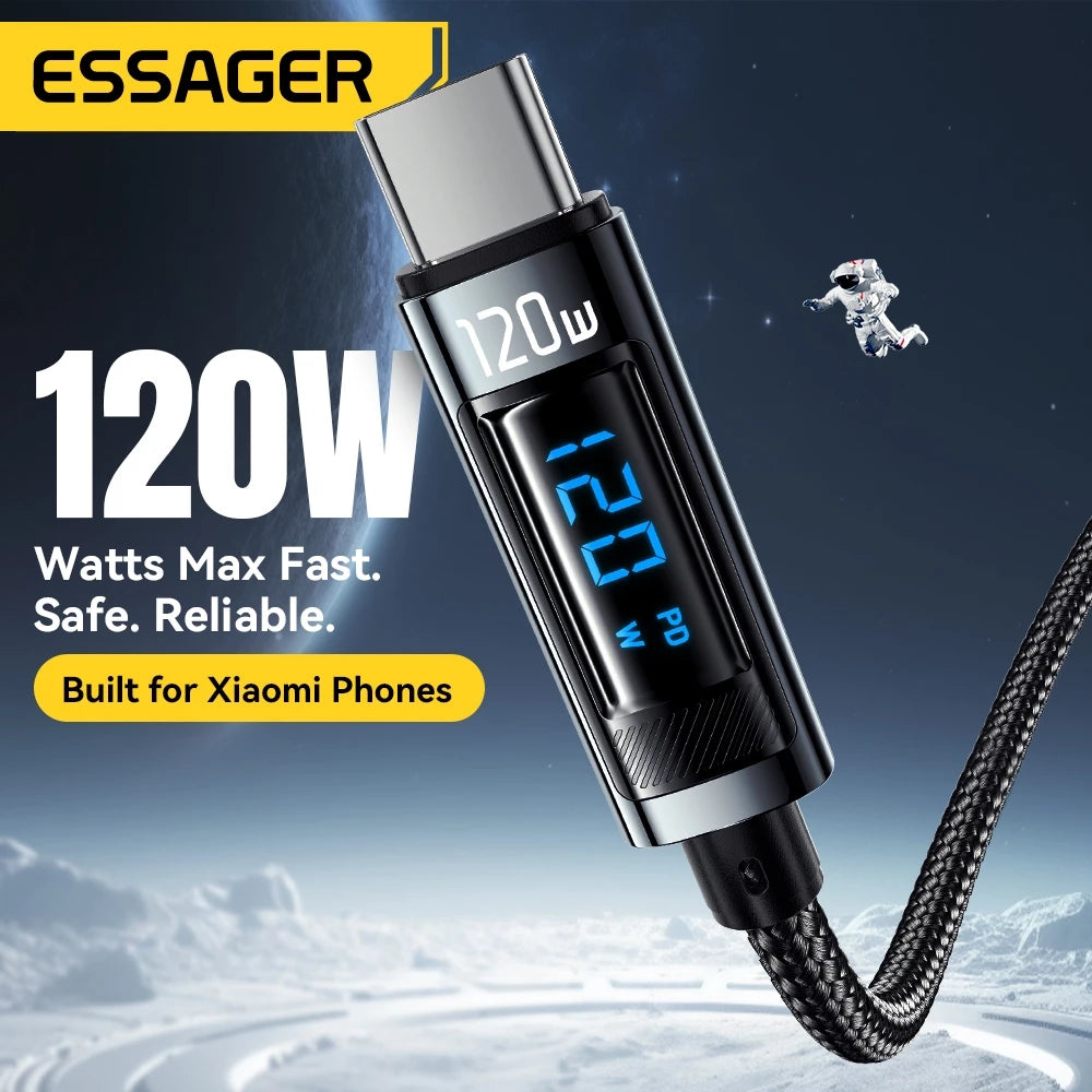 Кабель ESSAGER для быстрой зарядки (120 Вт, 6А, A-C) и передачи данных (USB 2.0, 480 Мбит/с), с цифровым дисплеем и корпусом из алюминиевого сплава