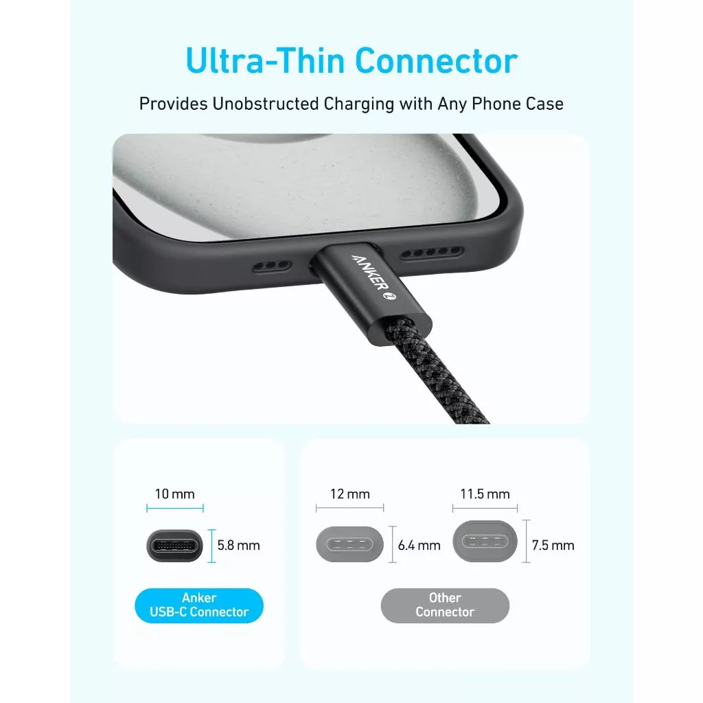 Anker Zolo Кабель для быстрой зарядки USB Type-C to USB Type-C, плетеный дизайн с защитой от загрязнений, тонкий разъем