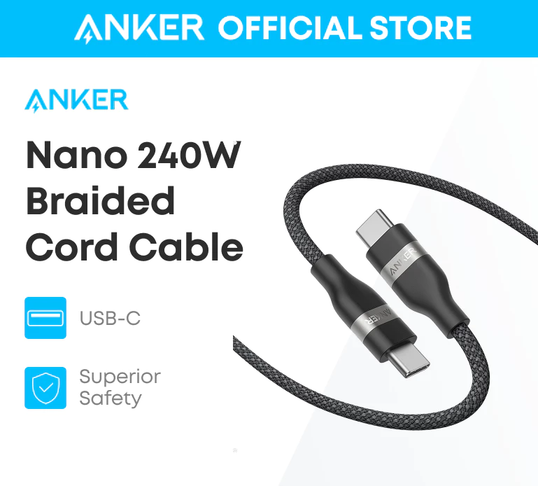 Anker Nano Кабель для быстрой зарядки USB Type-C to USB Type-C 240W - Сверхпрочный плетеный дизайн, гибкий, многоцветный, Type-C для ноутбуков