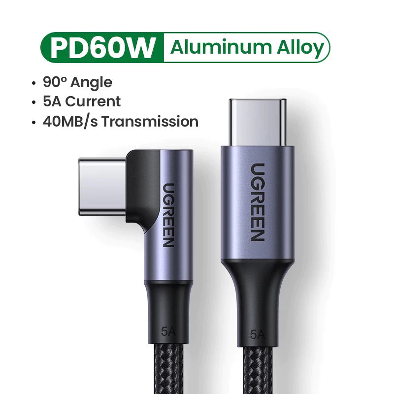 Кабель быстрой зарядки Type-C с угловым разъемом 90 градусов UGREEN 60W USB Type-C to USB Type-C US334