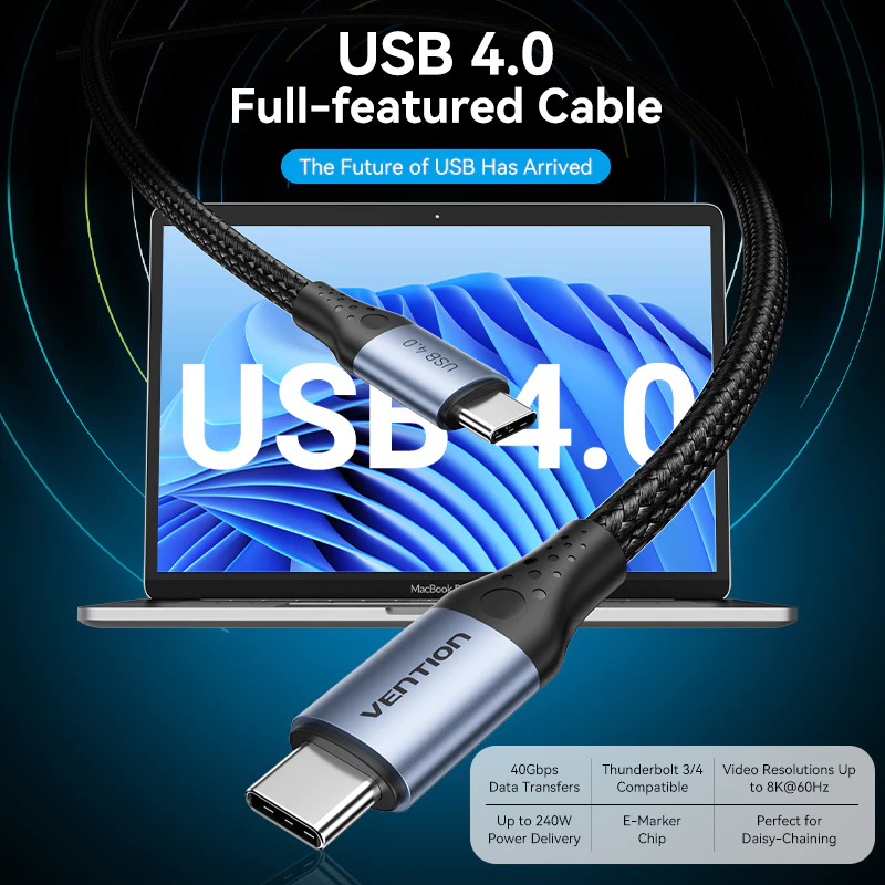 Кабель Type-C Vention PD 240W USB 4.0 Высокоскоростной 40 Гбит/с Поддержка HDMI 8K 60Гц USB для компьютеров/ноутбуков