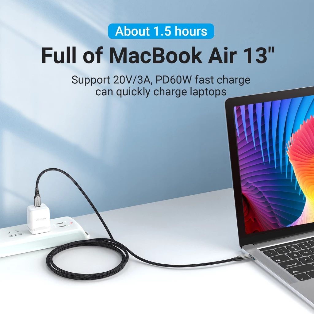 Кабель PD 60W быстрой зарядки Vention USB Type-C to Type-C PD 3A 480 Мбит/с для ноутбуков/планшетов/мобильных телефонов