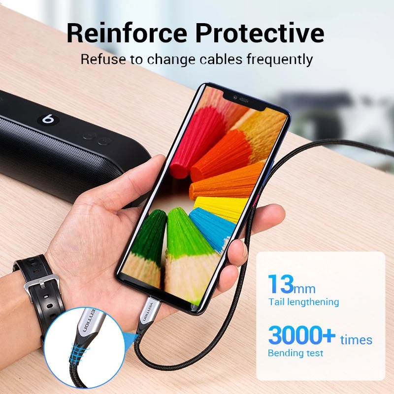 Кабель для передачи данных и быстрой зарядки Vention USB Type-C 3A 60W с плетеной нейлоновой оплеткой для Samsung, Oppo - Оригинальный товар