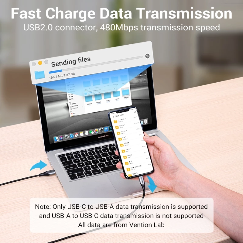 Кабель для передачи данных и быстрой зарядки Vention USB Type-C 3A 60W с плетеной нейлоновой оплеткой для Samsung, Oppo - Оригинальный товар