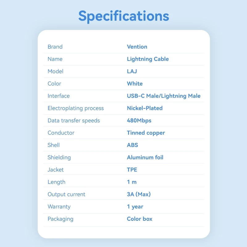 Кабель Lightning Vention PD 27W USB Type-C to Lightning для синхронизации данных, подходит для iPhone 11/13/14 быстрая зарядка