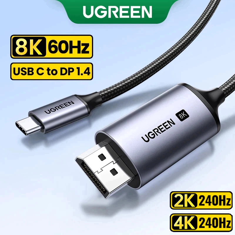 Кабель Type-C to DisplayPort UGREEN 8K 60Гц для MacBook, iPad, iPhone 15/16, ноутбуков с плетеной нейлоновой оплеткой, адаптер USB-C to DP 1м/2м/3м/, модель 25157