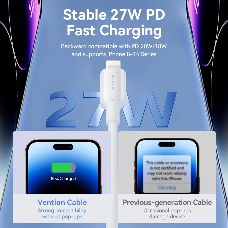 Кабель Vention 27W PD USB-C to Lightning для iPhone Pro Max с быстрой зарядкой, кабель Type-C to Lightning для iPhone, зарядка для iPad