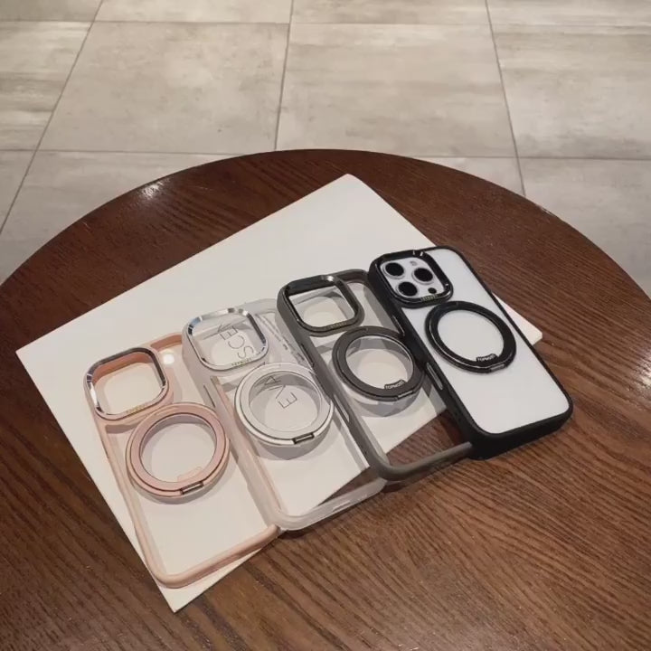 Элегантный металлический магнитный чехол с поворотной подставкой 360° и прозрачным жёстким корпусом — для iPhone 16, 15, 14, 13 Pro Max, 16 Plus. Ударопрочная защита с магнитной фиксацией.